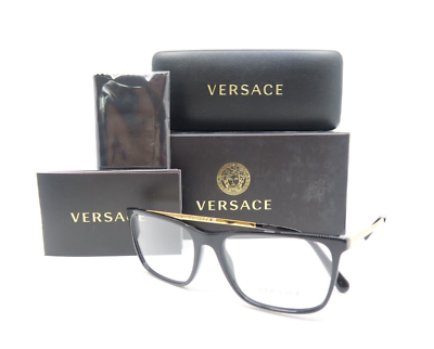 #ad Versace VE 3301 GB1 56mm Black w Gold Rectangular New Unisex Eyeglasses Frames.