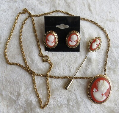 #ad Classic Cameo Necklace Pin Matching Earrings With Vintage Avon Stick Pin