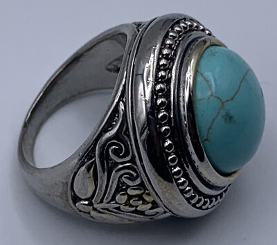 #ad MX Silvertone Turquoise Ring Size 7.75 Statement Ring Blue Stone Southwest Ring