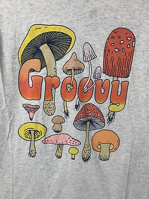 #ad Mushrooms T Shirt Groovy Logo Hippie Mens Small Gray Graphic Tee Short Sleeve