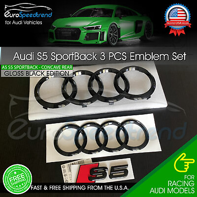 #ad Audi S5 Sportback Front Rear Curve Rings Emblem Gloss Black Logo Badge Set OE 3P