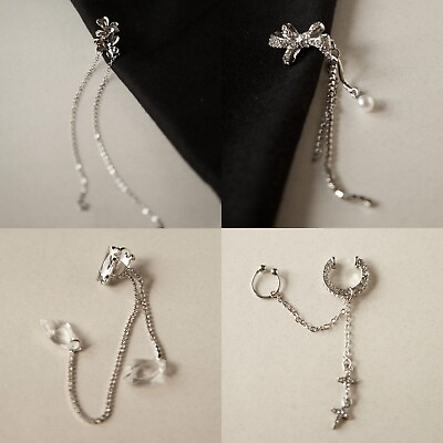 #ad Long tassel ear cuff silver colour ear wrap Flower bow crystal clip on earring GBP 14.99