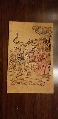 #ad ANTIQUE CHARLIE stop that fooling COMIC LEATHER POSTCARD