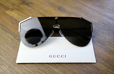 #ad Gucci GG0584S 001 Grey Lens Ruthenium Oversized Shield Sunglasses Velvet case