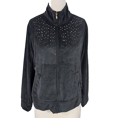 #ad Laura Scott Velour Jacket XL Zipper Pockets Long Sleeves Rhinestones Black