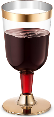 #ad 50 Gold Rimmed Disposable Wine Glasses 7 Oz. Premium Clear Hard Plastic Fancy