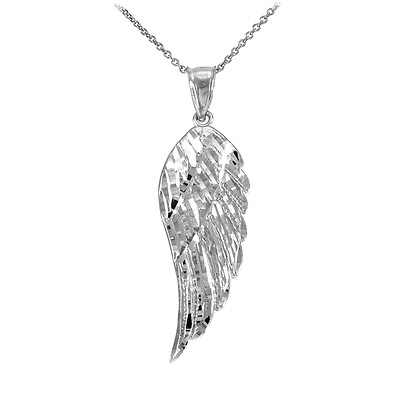 #ad 10k White Gold ANGEL WING Pendant Necklace Size Small