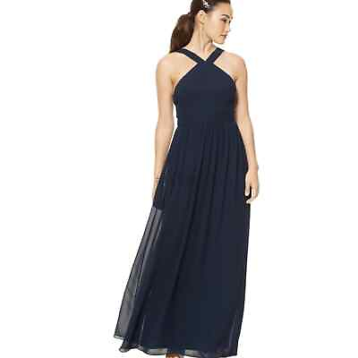 #ad Levkoff Womens Maxi Dress Navy Halter Elastic Waist Zip Chiffon Formal 12 New