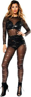 #ad Sexy Glitter Sheer Mesh Open Back Adult Women Clubwear Edm Dancewear Jumpsuit $11.98