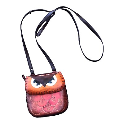 #ad VTG Angry Owl Leather Wristlet Mini Coin Purse Bag Flap Strap Tooled Pink Orange