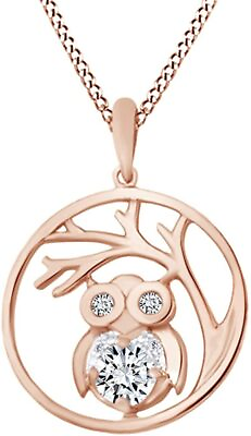 #ad Owl Tree of Life Pendant Necklace Round Simulated Diamond 14K Gold Plated Silver