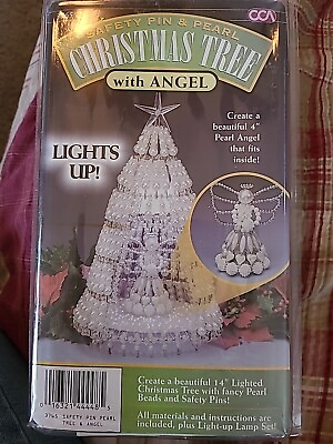 #ad Vtg 14 In Lighted Christmas Tree With Fancy Pearl Beads And Safety PnsDecaration
