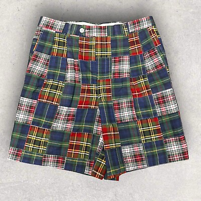 #ad Berle Mens Shorts Plaid Patchwork Size 32 Madras Chino Flat Front Inseam 8