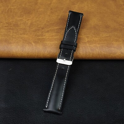 #ad 21mm Black Genuine Leather Watch Strap Casual Style Hand Stitched For Men