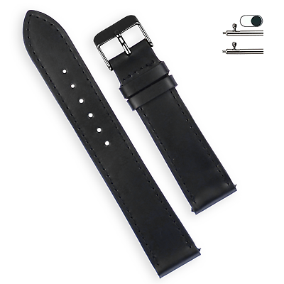 #ad 21mm Flat Black Watch Band Men Genuine Leather Black Buckle Quick Release