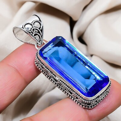 #ad Swiss Blue Topaz 925 Sterling Silver Gift Family Handmade Jewelry Pendant 5.4quot;