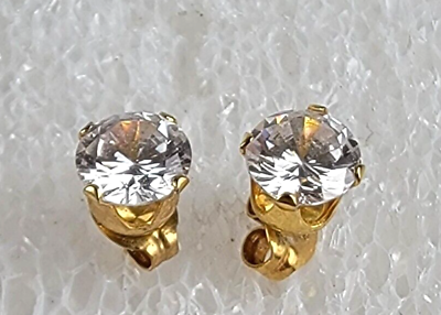 #ad Clear Cubic Zirconia Yellow Gold Plated Stud Earrings Pierced Post 5.6mm