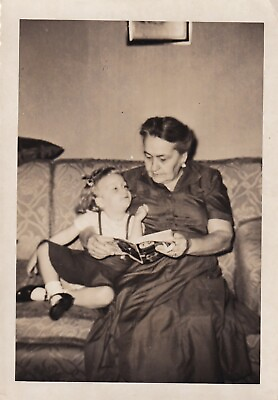 #ad Vtg Found Photo Young Girl Grandmother Family Reading Retro MCM Bamp;W 1950s