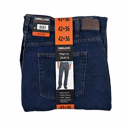 #ad Kirkland Signature Mens Jeans Relaxed Fit Straight Big Tall 5 Pocket Blue 42x36