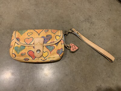 #ad Vtg Dooney and Bourke Wallet Handle Strap Clutch Multi Color Hearts See Pics