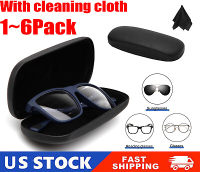 #ad #ad NEW Clam Shell Hard Eyeglasses PU Glasses Case Black w Microfiber Cleaning Cloth