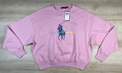 #ad NWT Polo Ralph Lauren Women#x27;s Pink Oversized Big Pony Blue Fleece Sweatshirt