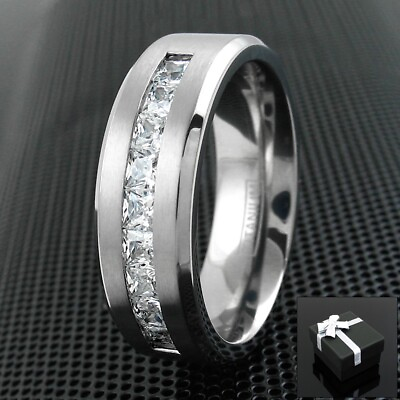 #ad 8mm Titanium Men#x27;s 1.8 Carat Princess Cut CZ Brushed Center Wedding Band Ring