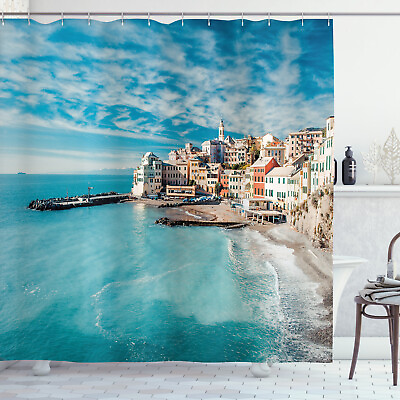 #ad Turquoise Shower Curtain Seascape Ocean Coast Print for Bathroom