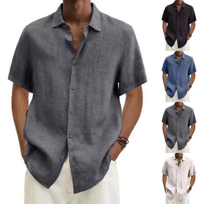 #ad Men Linen Style Short Sleeve Shirts Beach Casual Button Down Formal Dress Shirt
