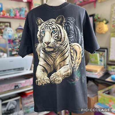 #ad Vtg White Tiger Graphic T shirt Busch Gardens Silkmasters Cliff Bonamie Oneita L
