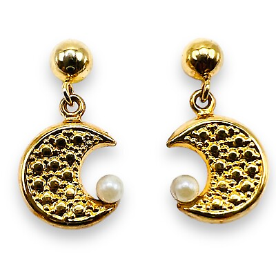 #ad 14k Yellow Gold Half Moon Pearl Drop Dangle Post Earrings