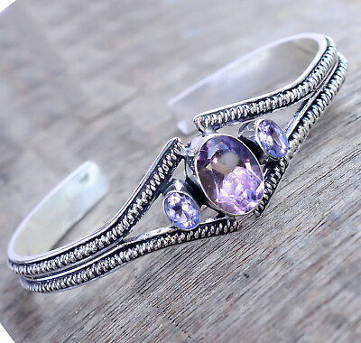 #ad Faceted Oval Cut Amethyst Gemstone Bracelet 925 Sterling Silver Cuff Bangle ss1