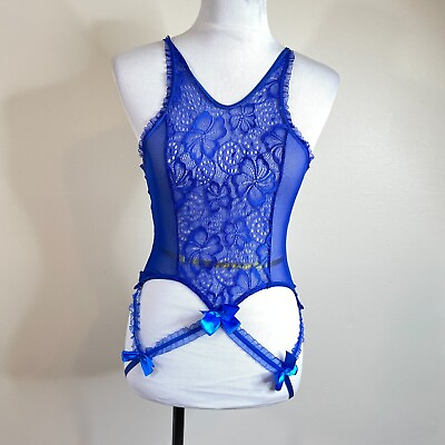 #ad Valentines Day Lingerie One Piece Lace Mesh Bodysuit Crotchless Blue Medium NEW