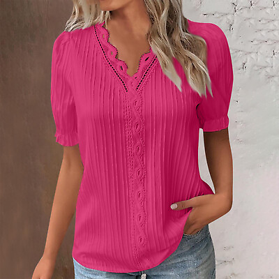 #ad Women Summer V Neck Short Sleeve Pullover Shirt Ladies Solid Casual Tunic Blouse