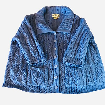#ad Aran Crafts Ireland Sweater Womens XXL Blue Merino Wool Chunky Cable Cardigan