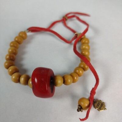 #ad Lucky Brand Woman#x27;s Bracelet Wooden Beads Red Leather Knotted Dangle Strap