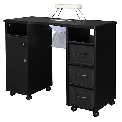 #ad Black Manicure Table with Fan Double Cabinet 3 Drawers 1 Door