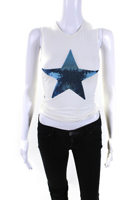 #ad Moschino Jeans Womens Sequined Star Sleeveless Round Neck Tank White Blue Size 4