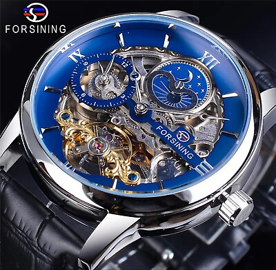 #ad Forsining Skeleton Moon Dial Watch Mens Dual Time Zone Automatic Watch
