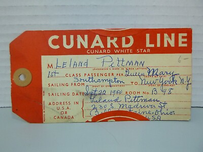 #ad 1950 Cunard White Star Line Queen Mary 1st Class Passenger Luggage Tag
