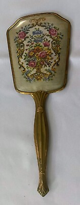 #ad Vintage Gold Handled Pink Flowers Mirror Brush Comb