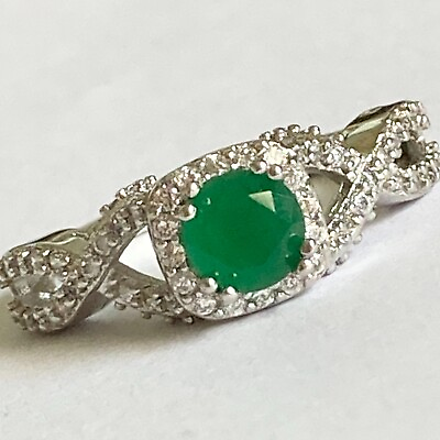 #ad Silver Green Halo Cocktail Ring Size 7 Plated Cubic Zirconia Vintage Style