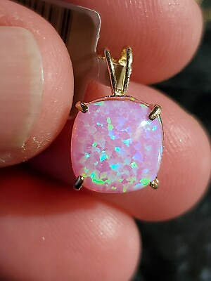 #ad Pink Opal Labcreated Cushion Cabochon Cut Pendant 14kt Solid Yellow Gold