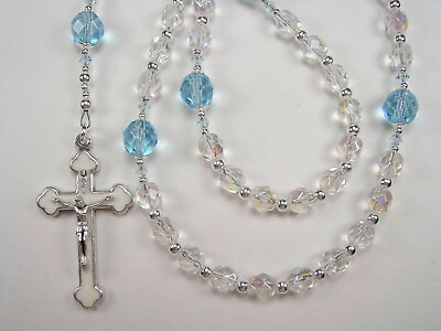 #ad Girls 1st Communion Crystal amp; Lt Aqua Rosary Cath 17quot; Czech Glass Chica Rosario