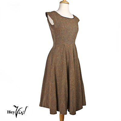 #ad Vintage 50s Full Skirt Dress Brown Nubby w Color Flecks Metal Zip Sz S Hey Viv