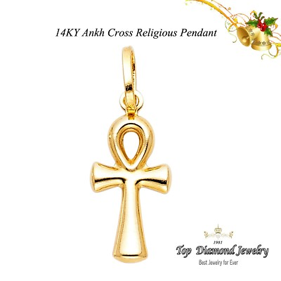 #ad 14K Solid Yellow Gold Egyptian Ankh Cross Religious Pendant