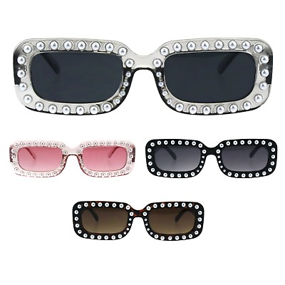 #ad Womens Pearl Jewel Plastic Narrow Rectangular Designer Mod Sunglasses