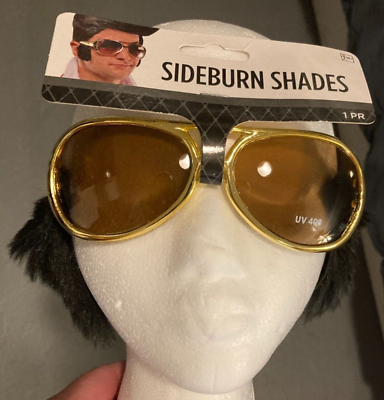#ad Elvis Presley Sunglasses with Sideburns Gold Costume Glasses Dark Lenses NEW