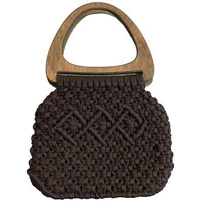 #ad Vintage handmade brown macrame handbag purse wooden handle