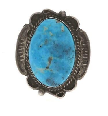 #ad Rita Joe R. Tom Silver Navajo Oval Shaped Turquoise Native Ring Size 8.5